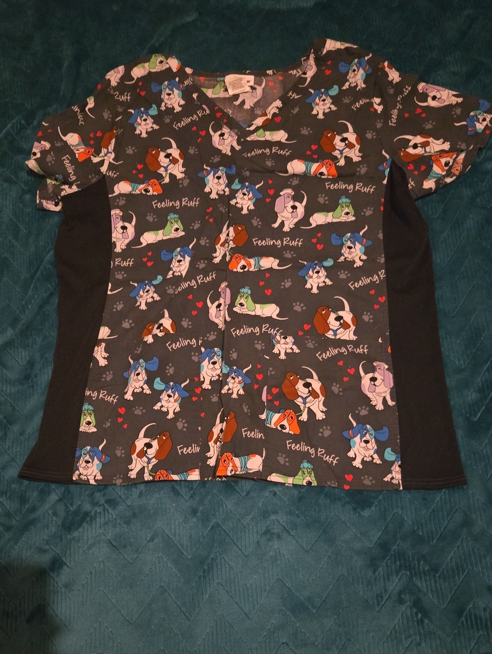 Scrubstar Women’s V-Neck Top in Black with Multi-Color Dog Print